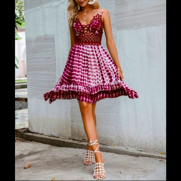 Lace Tiered Layer Spaghetti Strap Tie Dye Dress - Picture 4 of 6